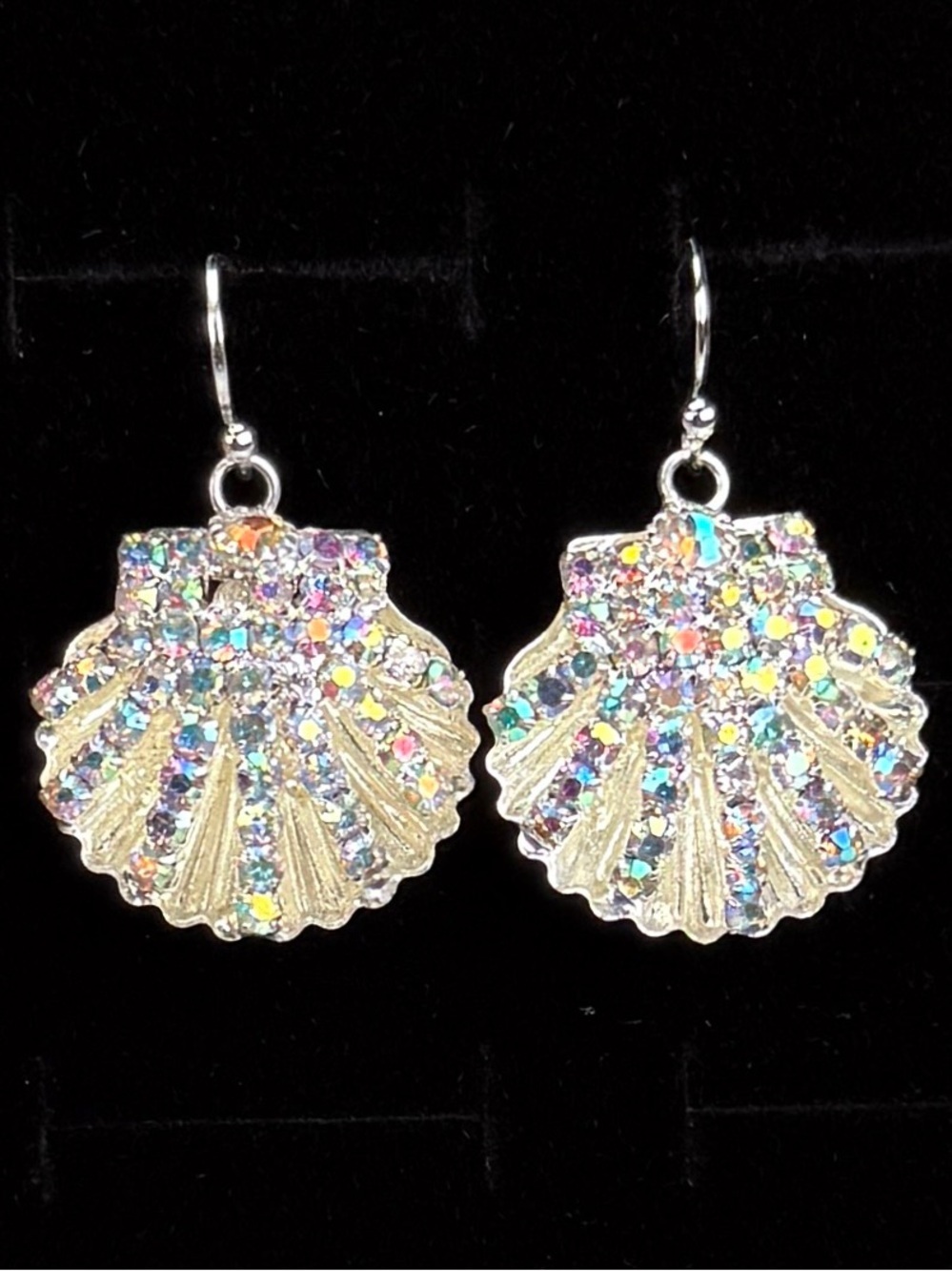 Shiny Silvertone iridescent bling etched shell two-sided pierced earrings